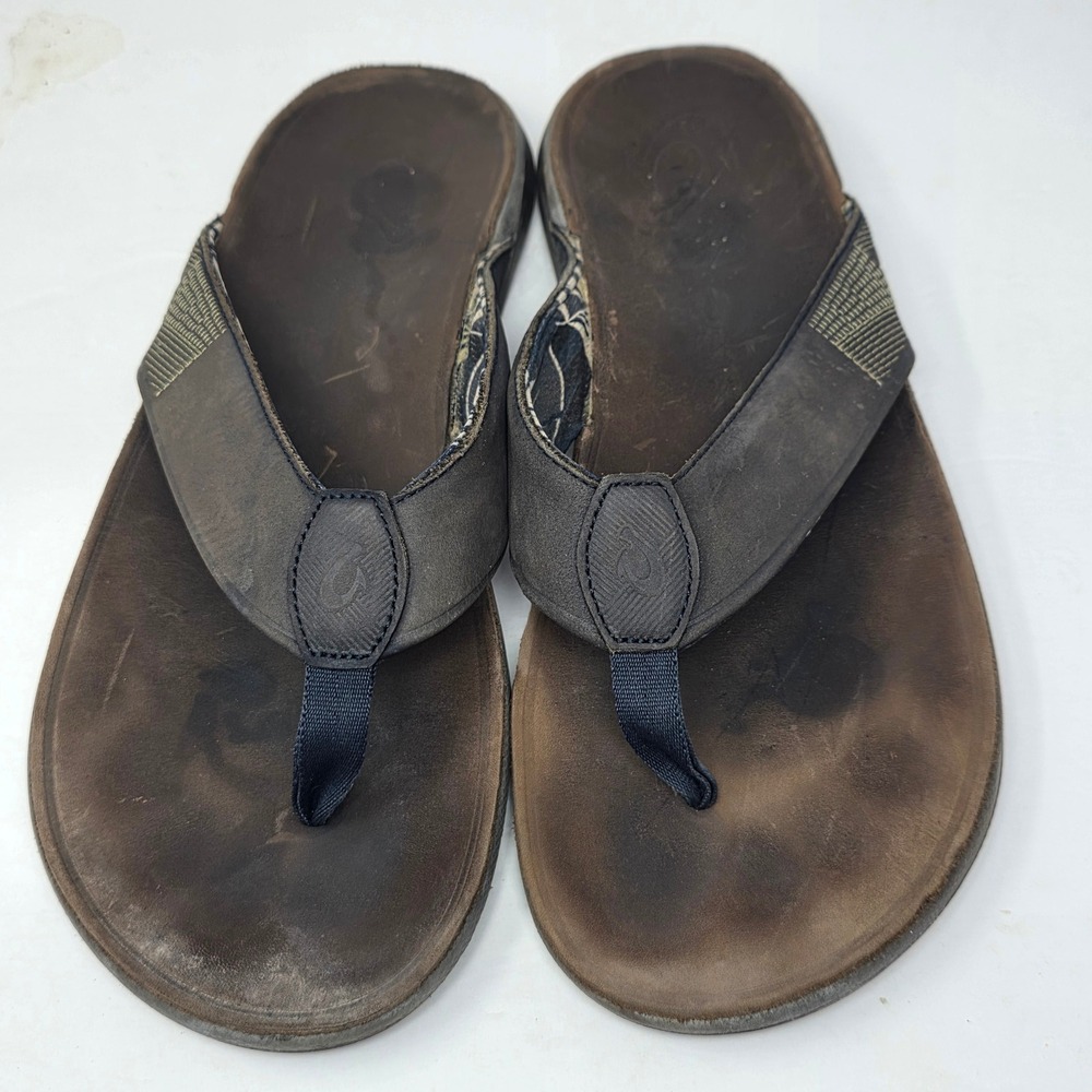 OluKai Tuahine Mens Dark Wood Leather Flip Flop Sandals 10465-5252 Size 13